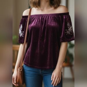 Plush Velvet Off-Shoulder Blouse - Deep Purple Pit =18